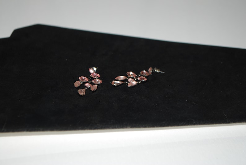 Vintage Rhinestone Earring Dangles Frosted Pink Milk Glass and Pink Clear Stones Brass 1960s Edwardian Celtic Shabby Chic Feminine Light ER