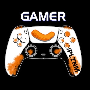 May include: A white video game controller with orange splatter paint and the text "WEAR PLATINUM" on the right side. The controller has a cheesy puff snack on the top.