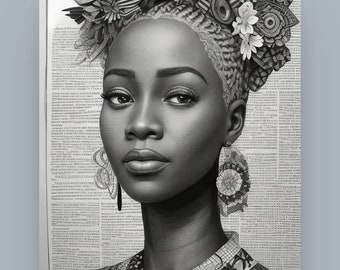 Ghanaian woman Wall Art, Drawing Wall Art, Black and White Illustration, Print Art, Instant Download.