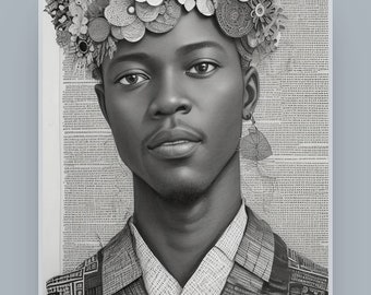Ghanaian man Wall Art, Drawing Wall Art, Black and White Illustration, Print Art, Instant Download.