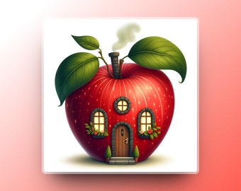 Apple House Wall Art, Drawing Wall Art, Apple Illustration, Instant Download.
