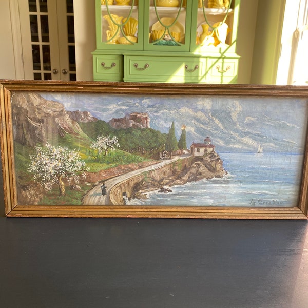 Original antique signed art in antique frame.  extra wide landscape 21 1/4” x 9 1/4”