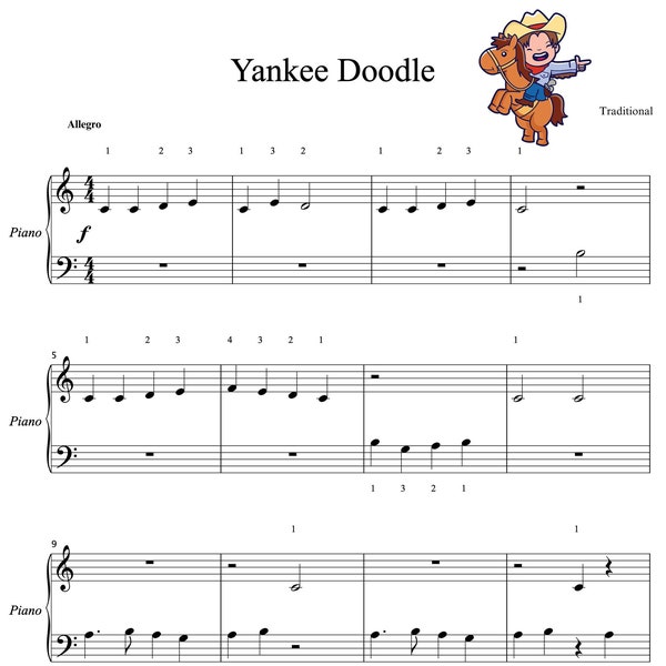 Yankee Doodle for beginners (Piano Sheet Music) PDF, Instant Download