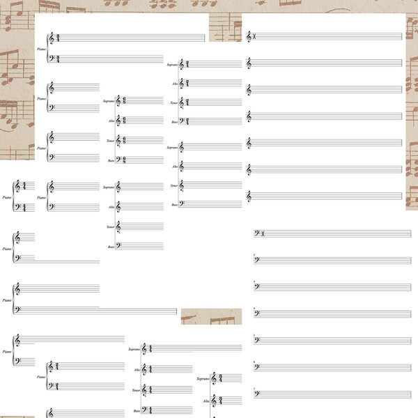 Blank Sheet Music Printable, Printable Blank Piano Sheet Music Paper, Printable Sheet Music A4, Treble Bass Clef, Blank Choral Sheet Music