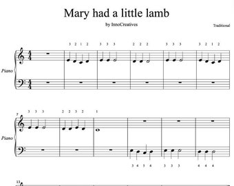 Mary had a little lamb for begginers (Piano Sheet Music) PDF, Instant Download