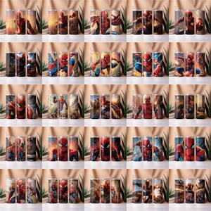 May include: Set of 25 stainless steel tumblers with various designs featuring a red and blue superhero character. The tumblers are all the same size and shape, and they have a black lid.