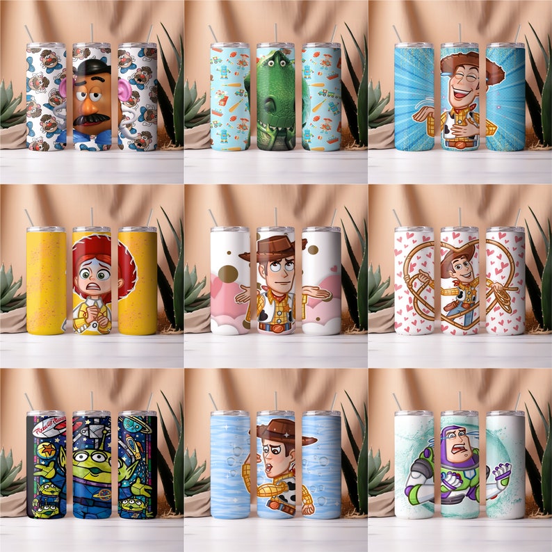 May include: Set of nine stainless steel tumblers featuring various characters from the Toy Story franchise. The tumblers are white with colorful designs and include characters like Woody, Buzz Lightyear, Jessie, and Rex.