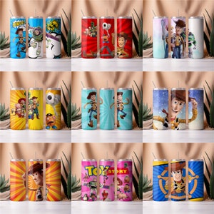 May include: Set of 12 colorful stainless steel tumblers featuring various Toy Story characters, including Woody, Buzz Lightyear, and Jessie. Each tumbler has a different design and features a straw.