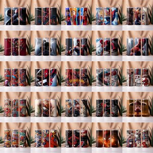 May include: A set of 20 stainless steel tumblers with various designs featuring Spider-Man. The tumblers are arranged in a grid pattern on a white surface. The designs include comic book panels, Spider-Man characters, and the words "Spider-Man".