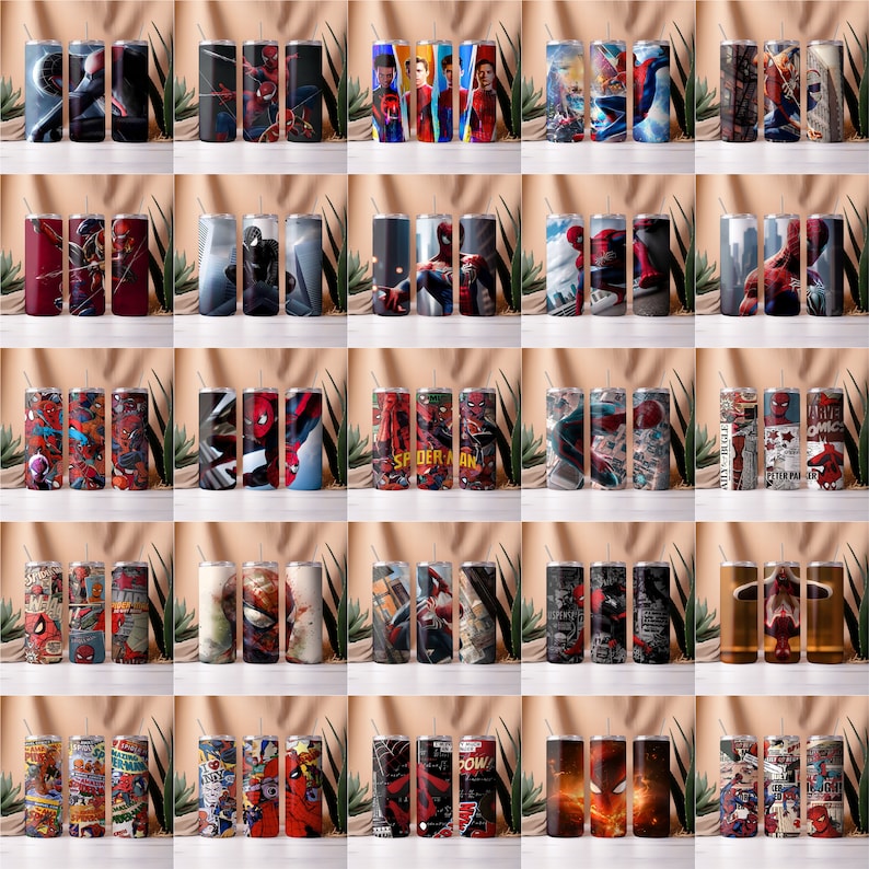 May include: A set of 20 stainless steel tumblers with various designs featuring Spider-Man. The tumblers are arranged in a grid pattern on a white surface. The designs include comic book panels, Spider-Man characters, and the words "Spider-Man".