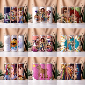 May include: Set of nine 20 oz stainless steel tumblers with various Toy Story character designs. The designs include Woody, Buzz Lightyear, Jessie, Bo Peep, Slinky Dog, Mr. and Mrs. Potato Head, and Rex.