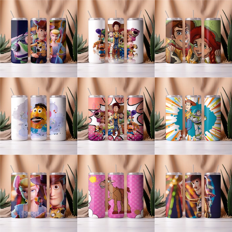 May include: Set of nine 20 oz stainless steel tumblers with various Toy Story character designs. The designs include Woody, Buzz Lightyear, Jessie, Bo Peep, Slinky Dog, Mr. and Mrs. Potato Head, and Rex.