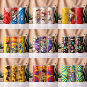 May include: Set of nine colorful stainless steel tumblers featuring various designs of the Toy Story characters, including Woody, Buzz Lightyear, and Jessie. The tumblers have different backgrounds, including red, yellow, blue, and purple.
