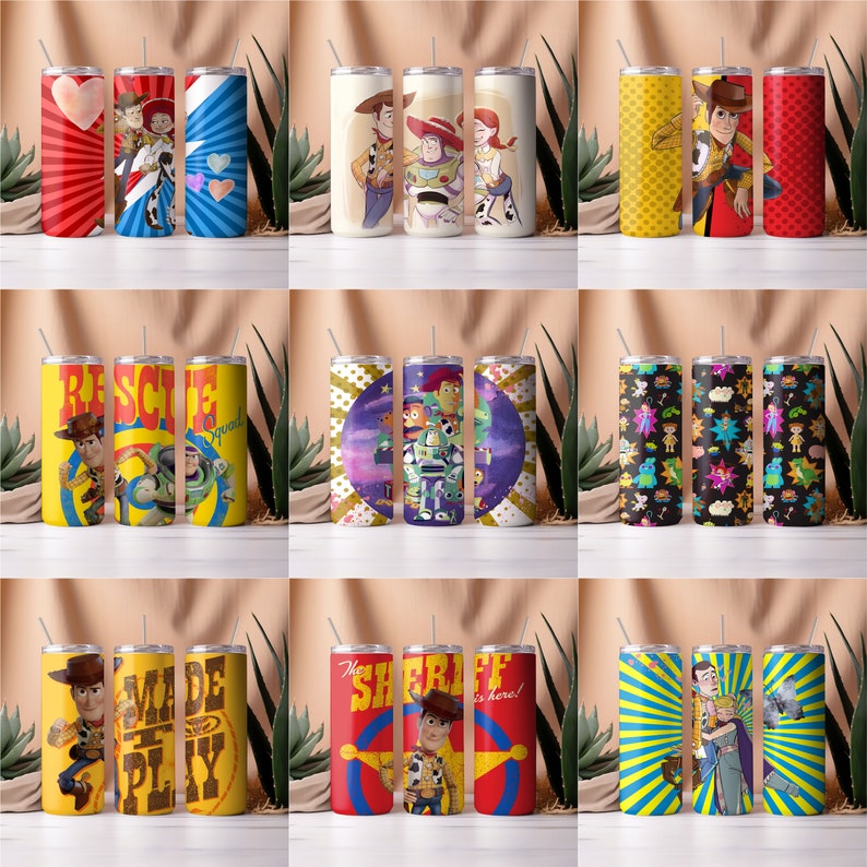 May include: Set of nine colorful stainless steel tumblers featuring various designs of the Toy Story characters, including Woody, Buzz Lightyear, and Jessie. The tumblers have different backgrounds, including red, yellow, blue, and purple.