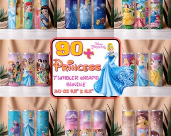 90+ Princess Tumbler Wrap Bündel | 20 oz Princess Tumbler PNG Bild Sublimation | Prinzessin Tumbler Bechertasse | Cartoon Tumbler Wrap Design