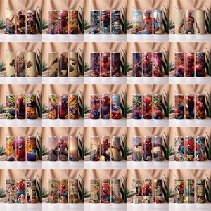 May include: Set of 20 stainless steel tumblers with various designs featuring Spiderman. The tumblers are all the same size and shape, and they have a black lid with a straw hole. The designs on the tumblers include Spiderman in different poses, as well as comic book panels and other Spiderman-related imagery.