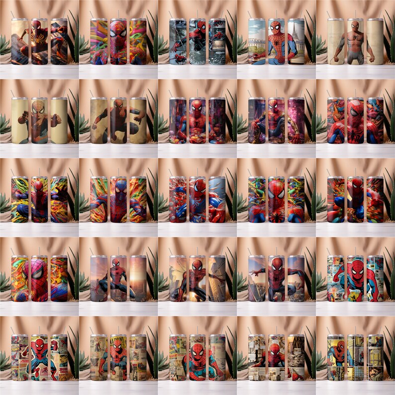 May include: Set of 20 stainless steel tumblers with various designs featuring Spiderman. The tumblers are all the same size and shape, and they have a black lid with a straw hole. The designs on the tumblers include Spiderman in different poses, as well as comic book panels and other Spiderman-related imagery.