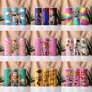 May include: Set of 12 colorful stainless steel tumblers featuring various Toy Story characters, including Woody, Buzz Lightyear, and Jessie. The tumblers have different designs, including glitter, rainbow stripes, and cartoon images.