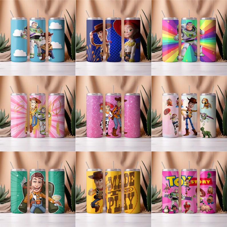 May include: Set of 12 colorful stainless steel tumblers featuring various Toy Story characters, including Woody, Buzz Lightyear, and Jessie. The tumblers have different designs, including glitter, rainbow stripes, and cartoon images.