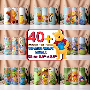 40+ paquet d'emballages pour gobelets Winnie l'ourson | Sublimation d'image PNG Winnie l'ourson, 20 oz | Gobelet Winnie l'ourson | Conception d'emballage de dessin animé