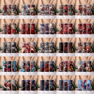May include: Set of 20 stainless steel tumblers with various designs featuring Spider-Man characters and comic book panels. The tumblers are in different colors, including red, blue, black, and white.
