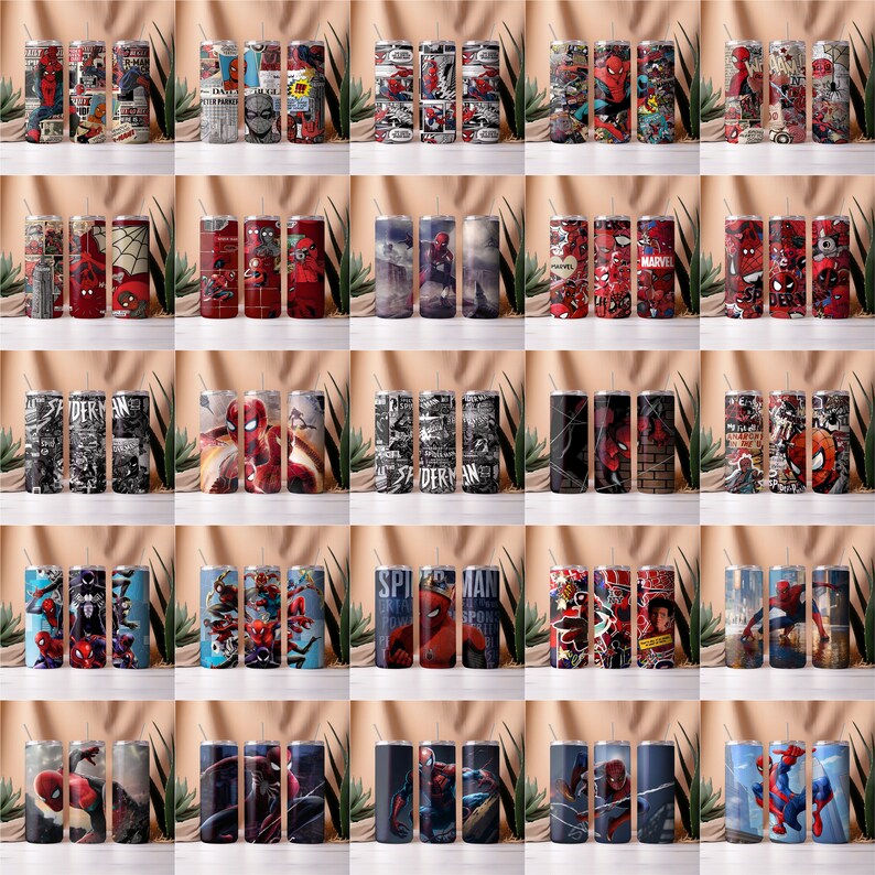 May include: Set of 20 stainless steel tumblers with various designs featuring Spider-Man characters and comic book panels. The tumblers are in different colors, including red, blue, black, and white.