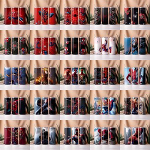 May include: A collection of 20 stainless steel tumblers featuring various designs of Spider-Man, including a red and blue Spider-Man, a black and red Spider-Man, and a Spider-Man with a web design.