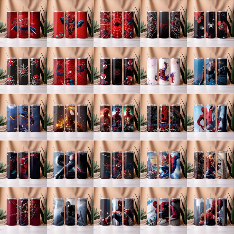May include: A collection of 20 stainless steel tumblers featuring various designs of Spider-Man, including a red and blue Spider-Man, a black and red Spider-Man, and a Spider-Man with a web design.
