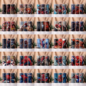 May include: Set of 25 stainless steel tumblers featuring various Spider-Man designs. The tumblers are blue and black with red and white accents. Each tumbler features a different Spider-Man image, including Spider-Man swinging through the city, Spider-Man with his web shooters, and Spider-Man with his mask off.