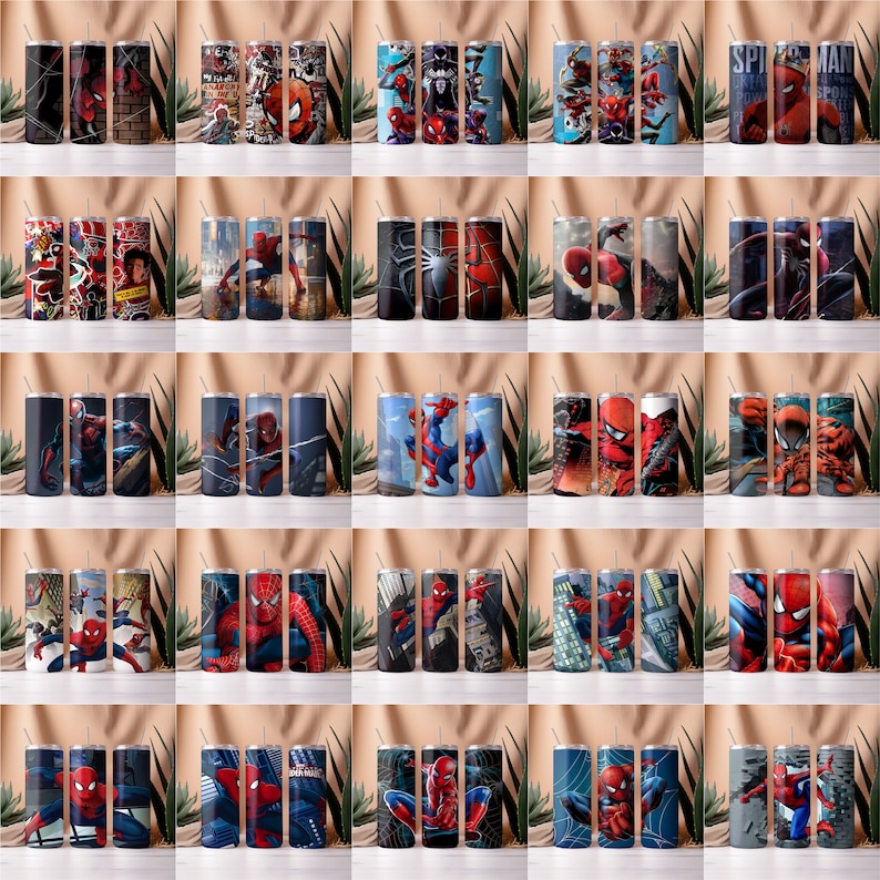 May include: Set of 25 stainless steel tumblers featuring various Spider-Man designs. The tumblers are blue and black with red and white accents. Each tumbler features a different Spider-Man image, including Spider-Man swinging through the city, Spider-Man with his web shooters, and Spider-Man with his mask off.