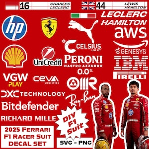 以下が含まれることがあります： 赤色のグラフィックで、スポンサーとフェラーリチームのロゴ、シャルル・ルクレールとルイス・ハミルトンの画像が特徴です。「2025 Ferrari F1 Racer Suit Decal Set」と「DIY F1 Suit SVG-PNG」のテキストが含まれています。