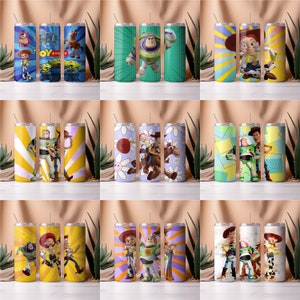 May include: Nine different designs of stainless steel tumblers featuring characters from the Toy Story franchise. The tumblers feature a variety of colors and patterns, including yellow, blue, green, purple, and white. The characters include Woody, Buzz Lightyear, Jessie, and Bullseye.