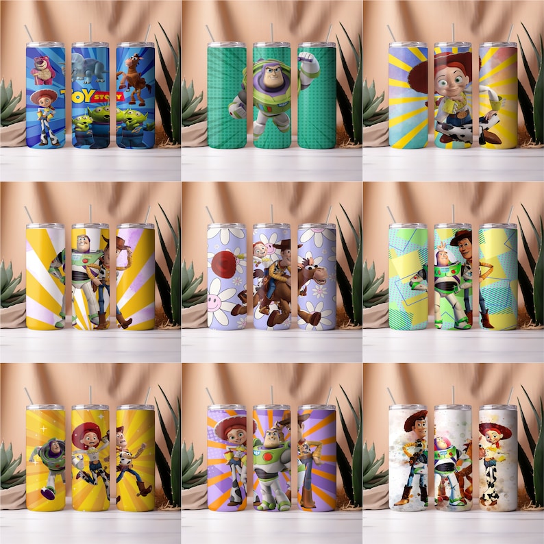May include: Nine different designs of stainless steel tumblers featuring characters from the Toy Story franchise. The tumblers feature a variety of colors and patterns, including yellow, blue, green, purple, and white. The characters include Woody, Buzz Lightyear, Jessie, and Bullseye.
