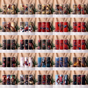 May include: A set of 24 stainless steel tumblers featuring various designs of Spider-Man. The tumblers are in different colors, including red, black, and white. Each tumbler has a different design, including Spider-Man in action poses, web designs, and comic book panels.