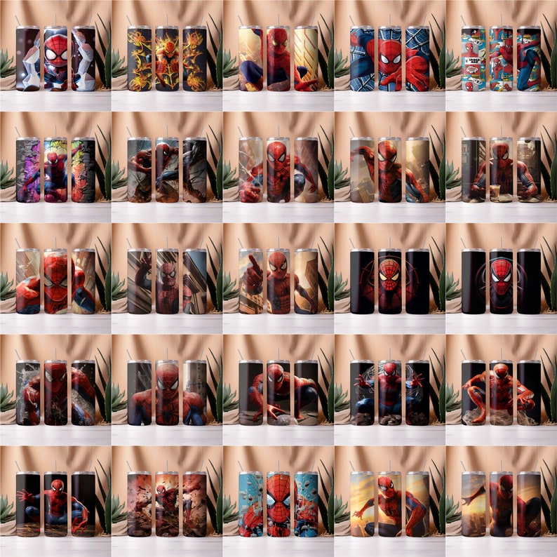 May include: Set of 20 stainless steel tumblers with various designs featuring Spiderman. Each tumbler has a different image of Spiderman in various poses and settings.