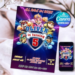 Invitación de cumpleaños editable de Paw-ty / Fiesta infantil de Paw Patrol / Invitación de cumpleaños infantil de Paw Patrol para niños y niñas Plantilla Canva / Invitación digital