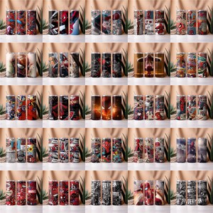 May include: Set of 20 stainless steel tumblers featuring various designs of Spider-Man comic book covers and characters. The tumblers are all the same size and shape, and they are arranged in a grid pattern.