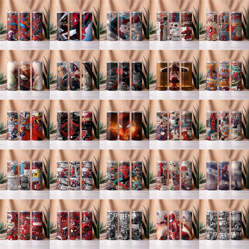 May include: Set of 20 stainless steel tumblers featuring various designs of Spider-Man comic book covers and characters. The tumblers are all the same size and shape, and they are arranged in a grid pattern.