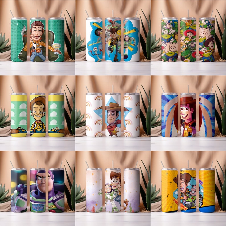May include: Set of nine stainless steel tumblers featuring various designs of characters from the Toy Story franchise. The designs include Woody, Buzz Lightyear, and other characters from the movie. The tumblers are all the same size and shape, and they have a black lid with a straw.