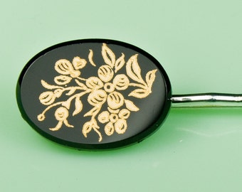 Vintage Black and Gold Floral Glass Hairpin