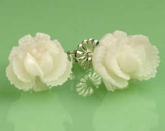 Vintage  White Rose Button Post Earrings 10mm