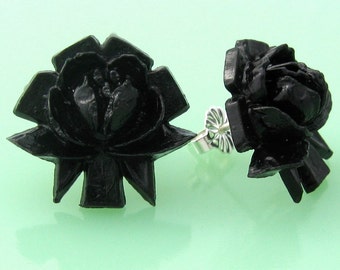 Vintage Black Rose Button Post Earrings