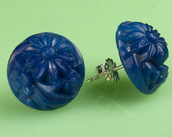 Vintage Dark Blue Floral Glass Button Post Earrings