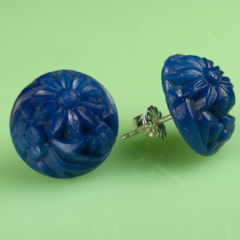 Vintage Dark Blue Floral Glass Button Post Earrings image 1