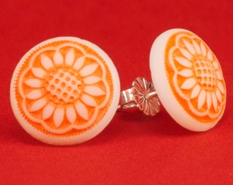 Vintage 1940's Orange Flower Glass Button Post Earrings