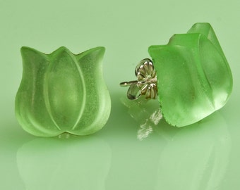 Vintage Frosted Green Glass Tulip Button Post Earrings