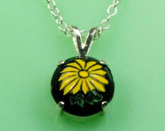 Vintage Black Glass with Yellow Flower Button Necklace
