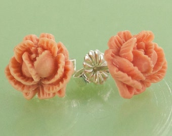 Vintage  Coral Color Rose Button Post Earrings