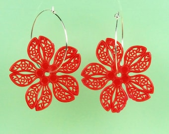 Vintage Red Lucite Flower Hoop Earrings