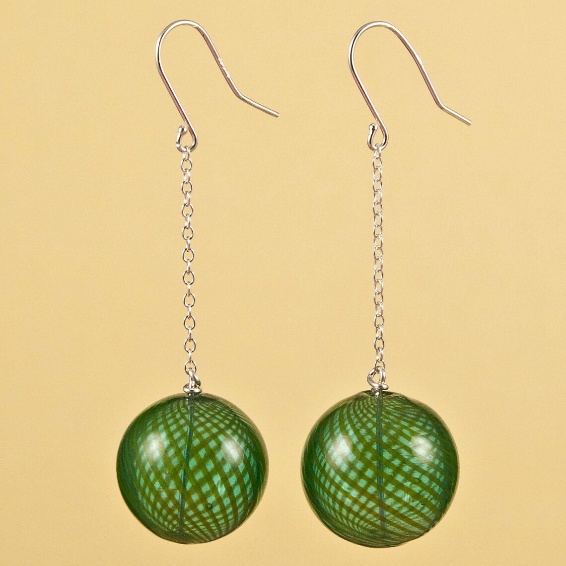 Vintage Blown Glass Green Ball Drop Earrings Etsy
